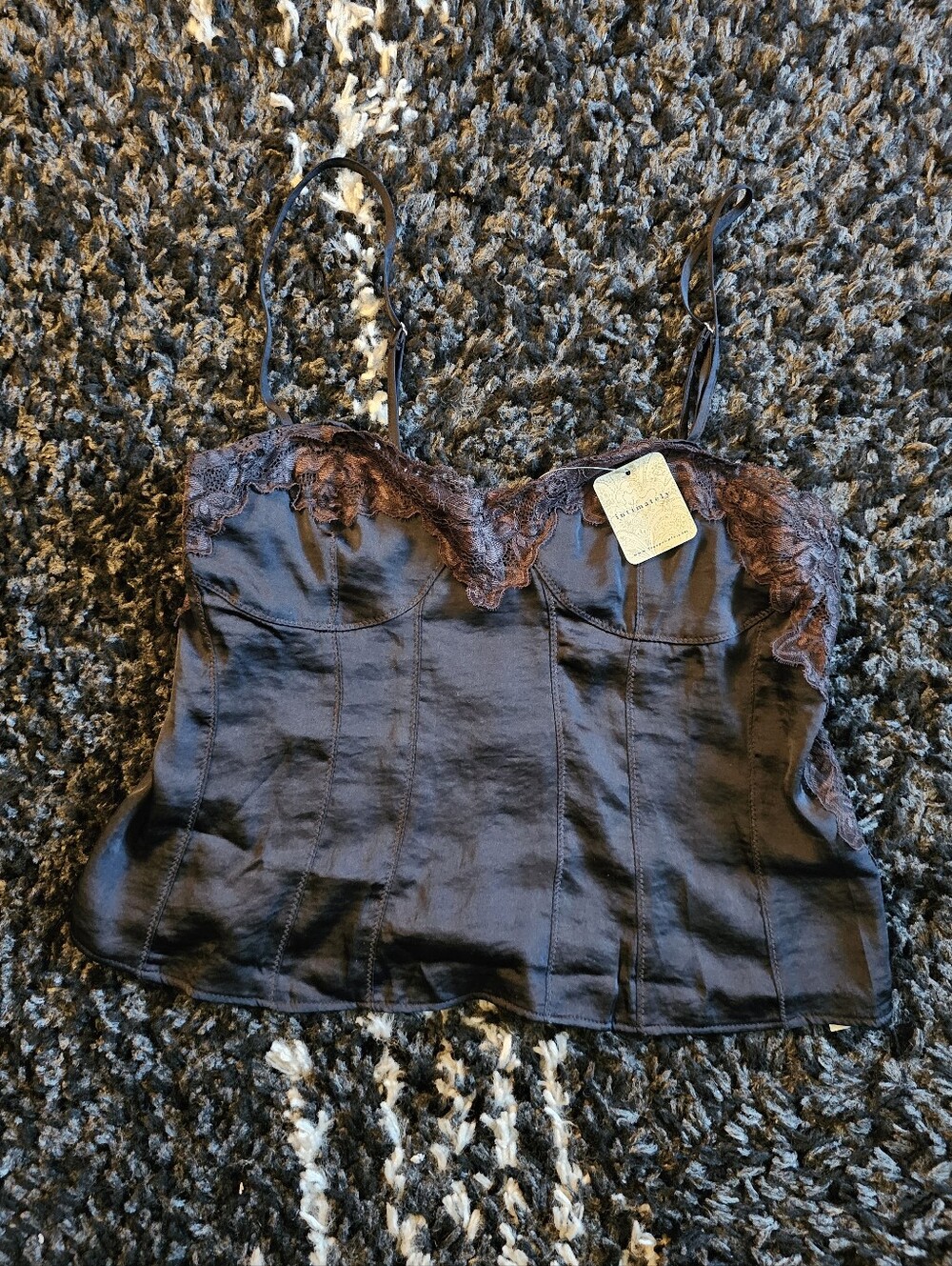 Free People Neon Nights Black Lace Trim Satin Cami